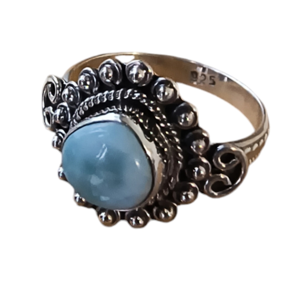 Natural Larimar & Sterling Silver Solitaire Ring Size 7 1/2